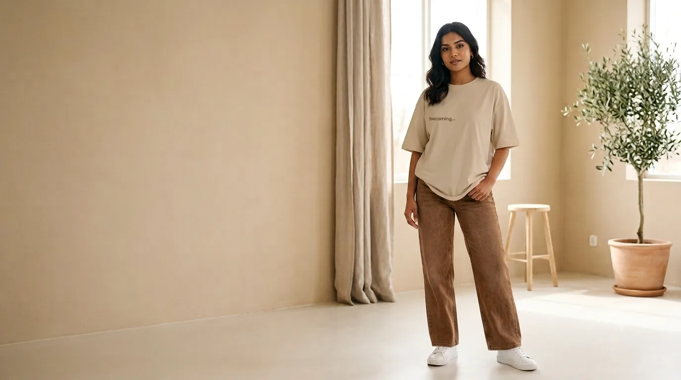 Woman styling an oversized t-shirt with relaxed brown jeans and white sneakers