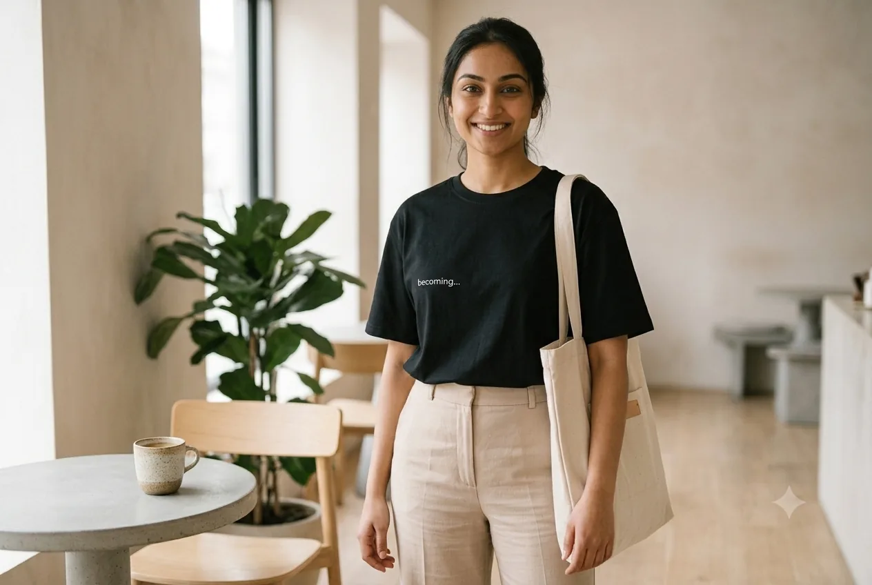 Oversized t-shirt half-tucked into wide-leg trousers