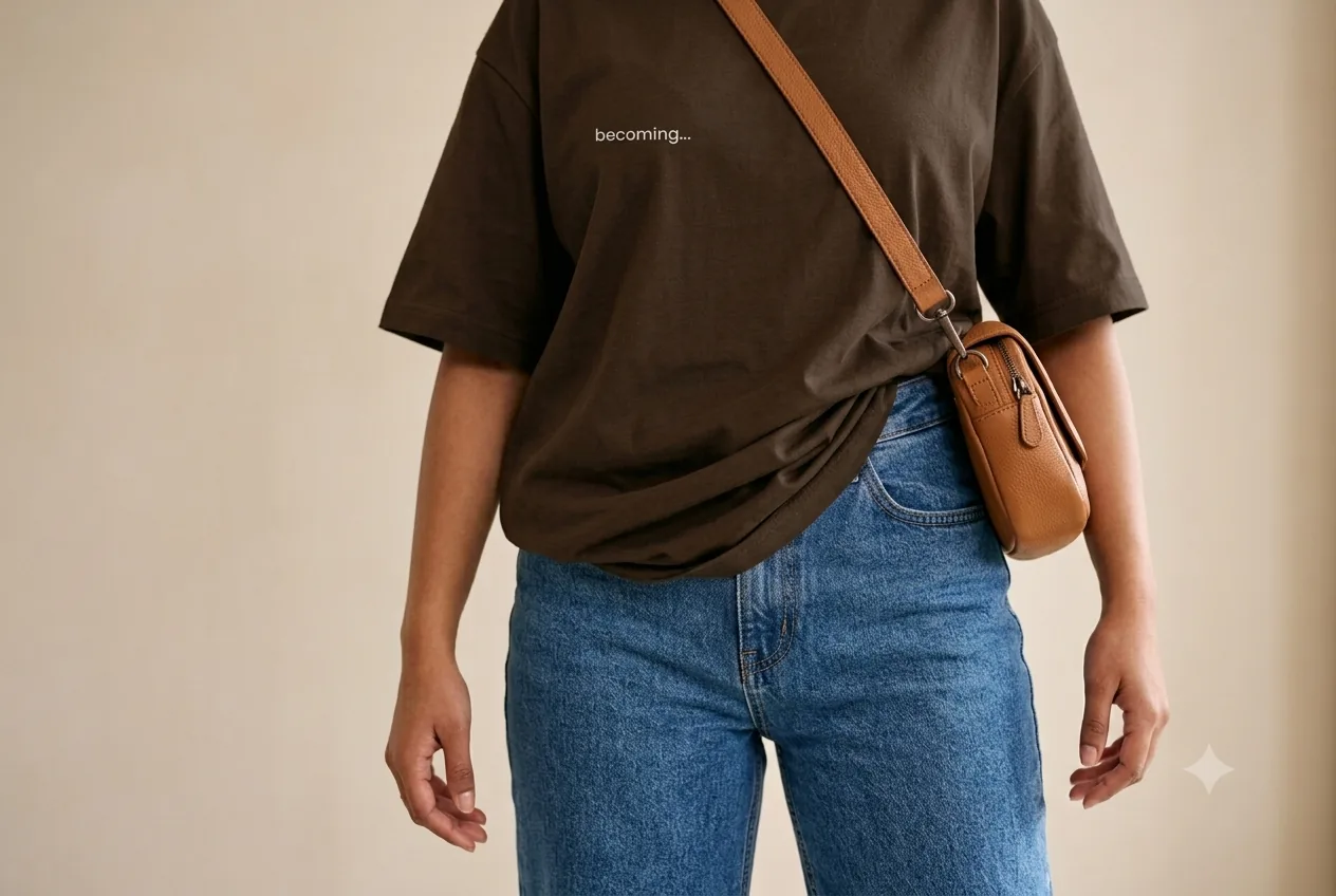 Front-tucked oversized t-shirt with high-waisted jeans
