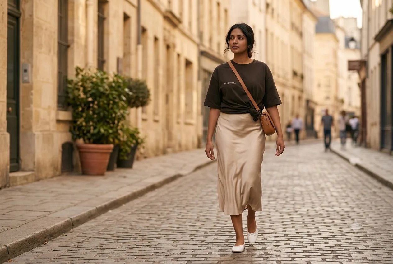 Oversized t-shirt layered over a satin midi skirt